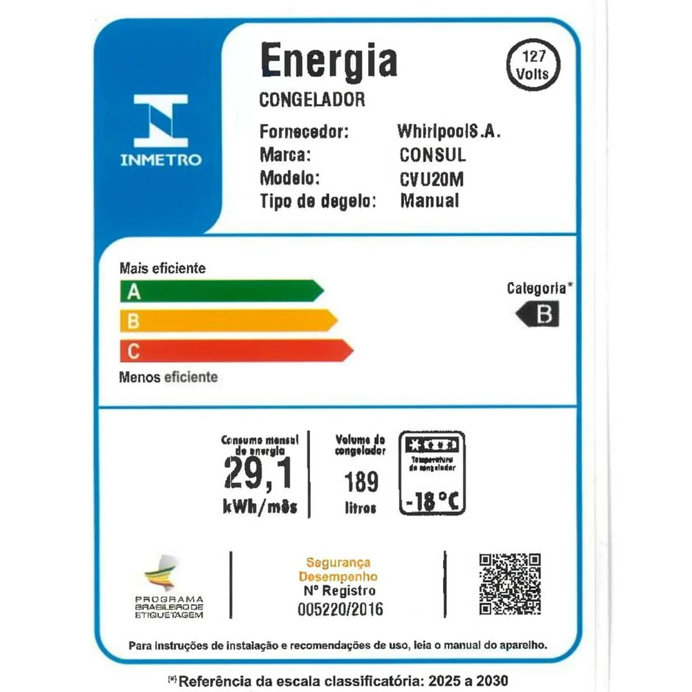 Freezer Vertical Consul 189 Litros Branco CVU20MB - 127 Volts